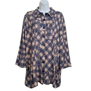 Attitudes by Renee Top Womens  M‎ L Blue Beige Casknit Plaid Cozy Shacket Jacket